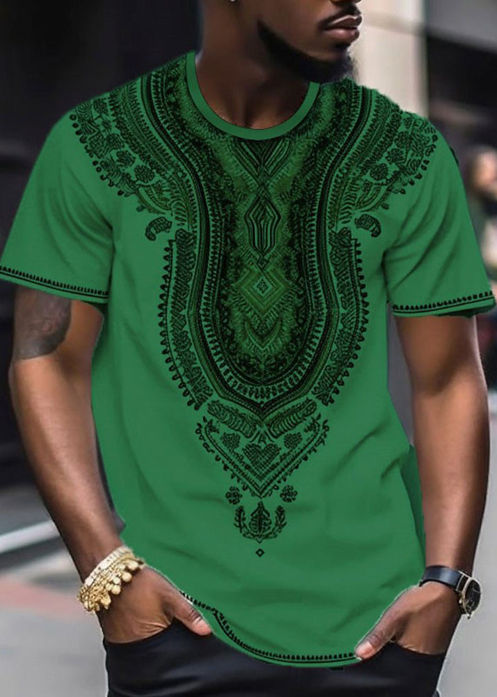 Bohemian Navy O Neck Print Oversized Cotton Mens T Shirts Summer
