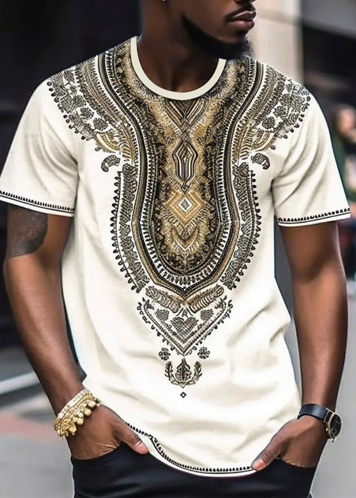 Bohemian Navy O Neck Print Oversized Cotton Mens T Shirts Summer