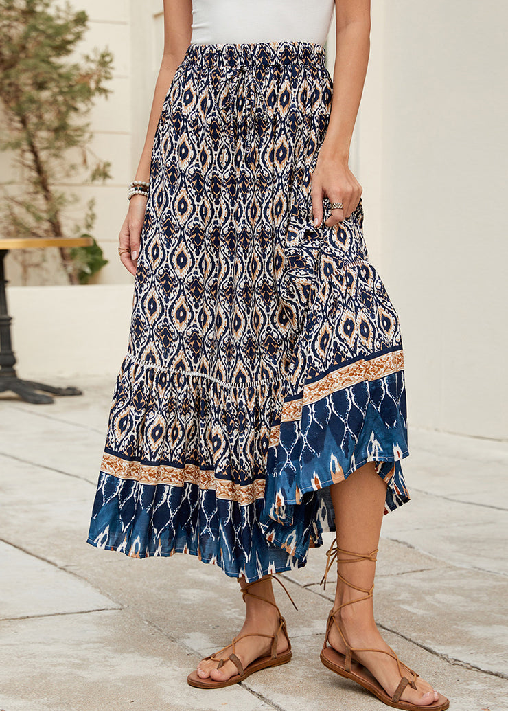 Bohemian Navy Print Elastic Waist Plus Size Skirts Summer