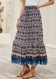 Bohemian Navy Print Elastic Waist Plus Size Skirts Summer