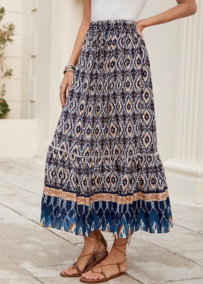 Bohemian Navy Print Elastic Waist Plus Size Skirts Summer