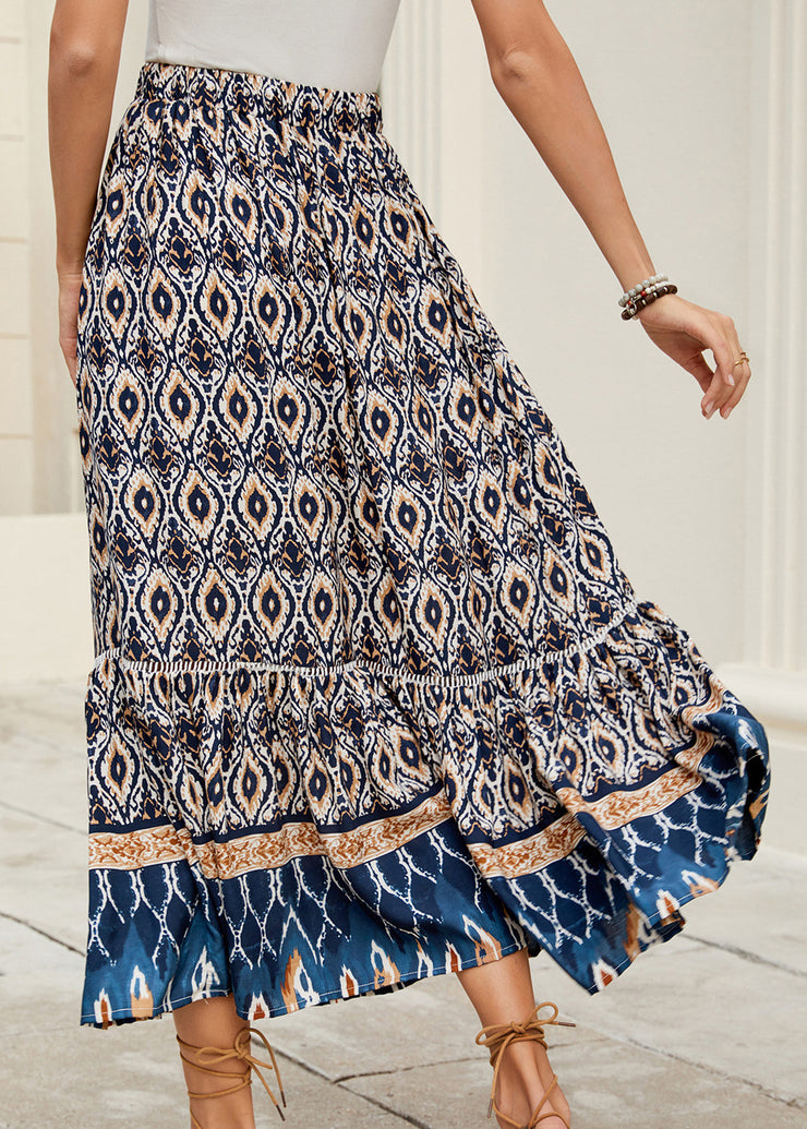 Bohemian Navy Print Elastic Waist Plus Size Skirts Summer