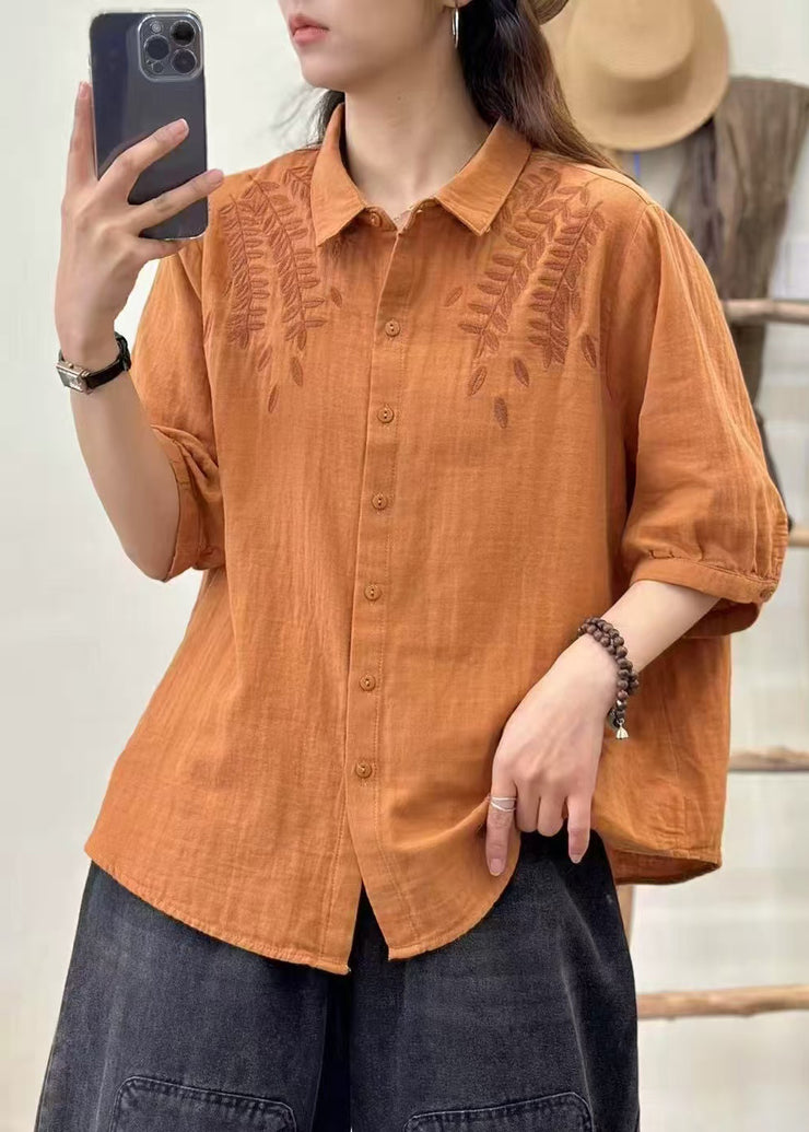 Bohemian Orange Embroidered Cotton Blouse Top Summer