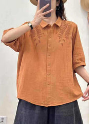 Bohemian Orange Embroidered Cotton Blouse Top Summer