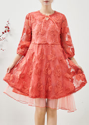 Bohemian Orange Embroidered Tulle Vacation Dress Bracelet Sleeve