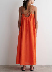 Bohemian Orange Oversized Linen Spaghetti Strap Dress Summer