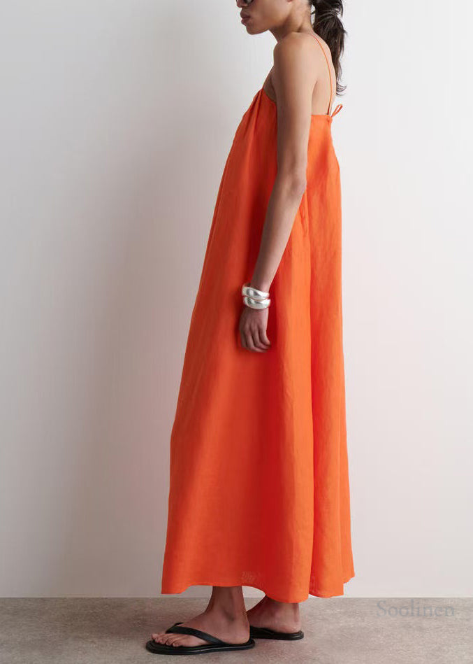 Bohemian Orange Oversized Linen Spaghetti Strap Dress Summer