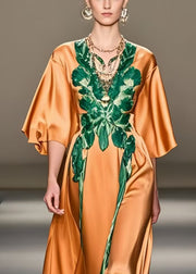 Bohemian Orange Print Silk Long Dress Half Sleeve