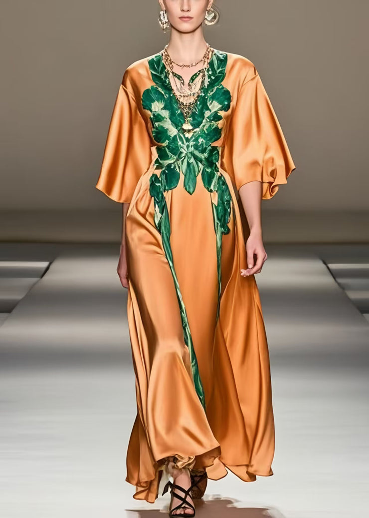 Bohemian Orange Print Silk Long Dress Half Sleeve