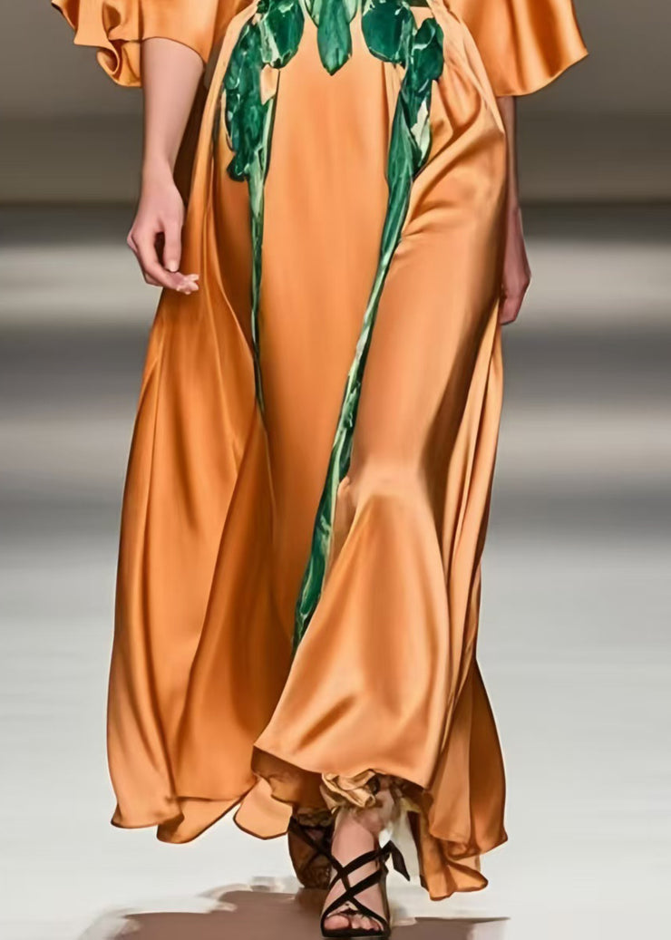 Bohemian Orange Print Silk Long Dress Half Sleeve