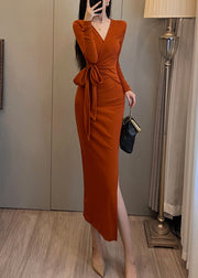 Bohemian Orange Tie Waist Side Open Knit Long Dress