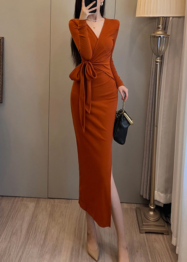 Bohemian Orange Tie Waist Side Open Knit Long Dress