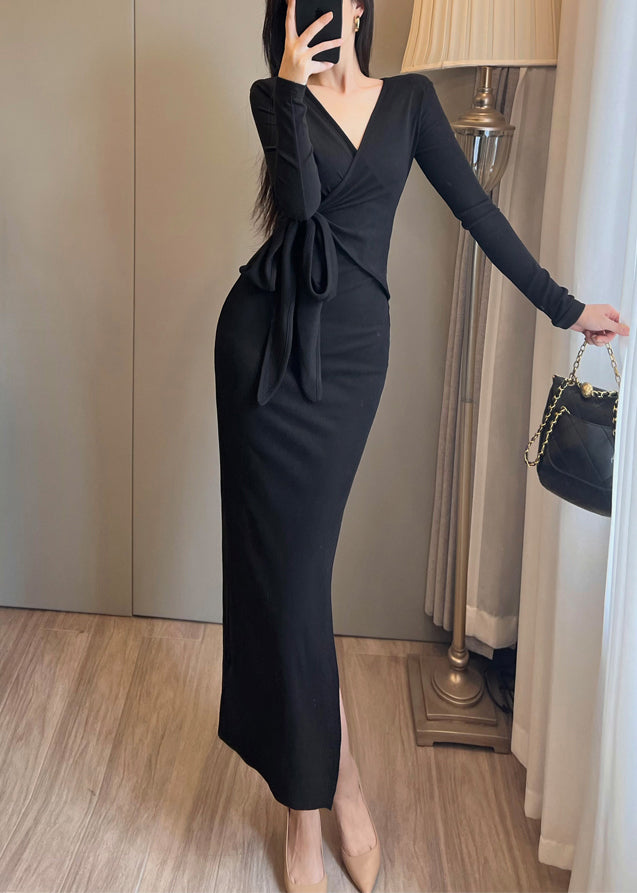 Bohemian Orange Tie Waist Side Open Knit Long Dress