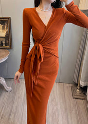 Bohemian Orange Tie Waist Side Open Knit Long Dress