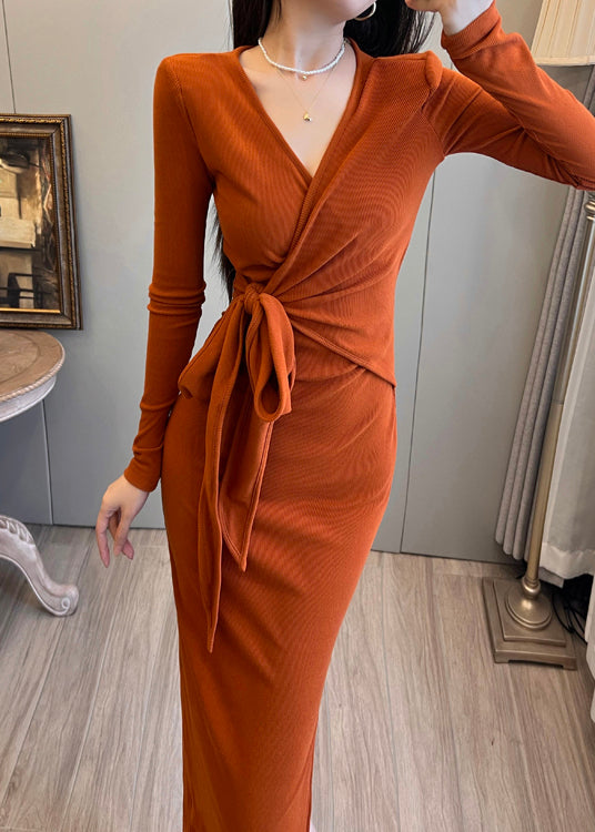 Bohemian Orange Tie Waist Side Open Knit Long Dress