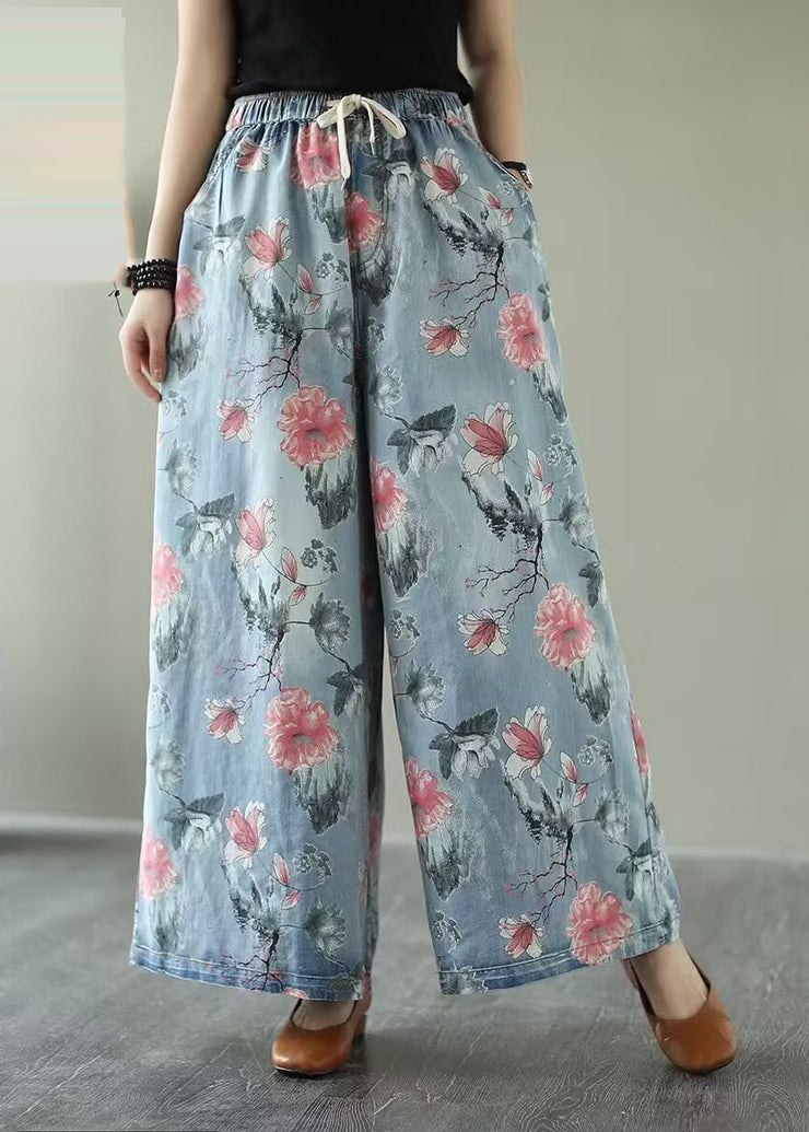 Bohemian Oversized Floral Print Denim Wide Leg Pants Summer