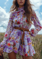 Bohemian Pastoral Style Floral Ruffled Patchwork Mini Dress Long Sleeved