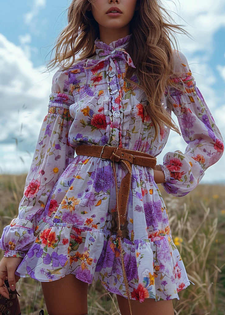 Bohemian Pastoral Style Floral Ruffled Patchwork Mini Dress Long Sleeved