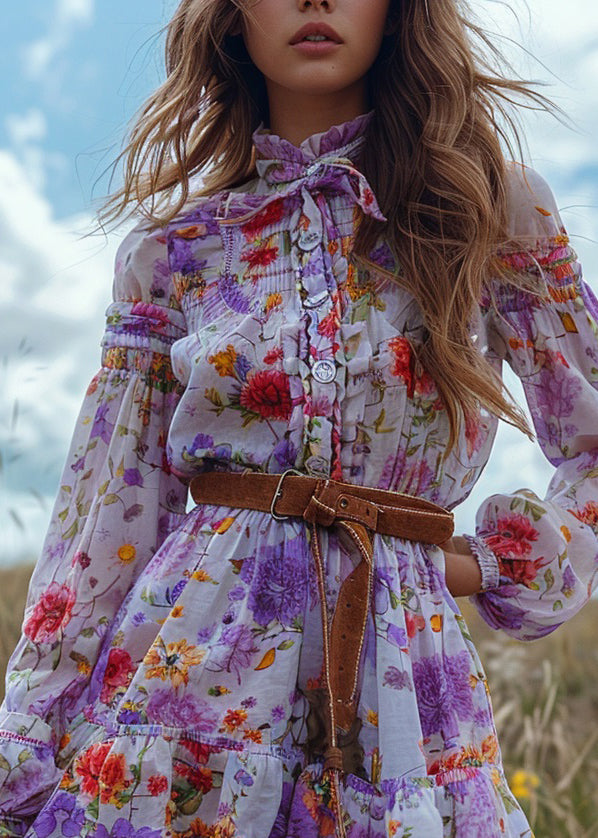 Bohemian Pastoral Style Floral Ruffled Patchwork Mini Dress Long Sleeved
