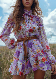 Bohemian Pastoral Style Floral Ruffled Patchwork Mini Dress Long Sleeved