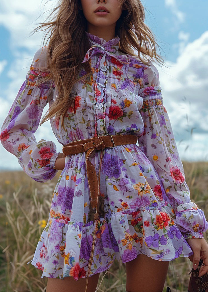 Bohemian Pastoral Style Floral Ruffled Patchwork Mini Dress Long Sleeved