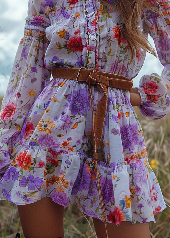 Bohemian Pastoral Style Floral Ruffled Patchwork Mini Dress Long Sleeved