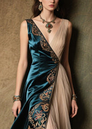 Bohemian Peacock Blue Jacquard Tulle Patchwork Silk Velour Dress Summer
