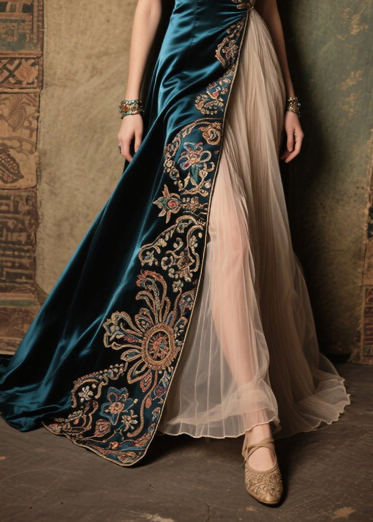 Bohemian Peacock Blue Jacquard Tulle Patchwork Silk Velour Dress Summer