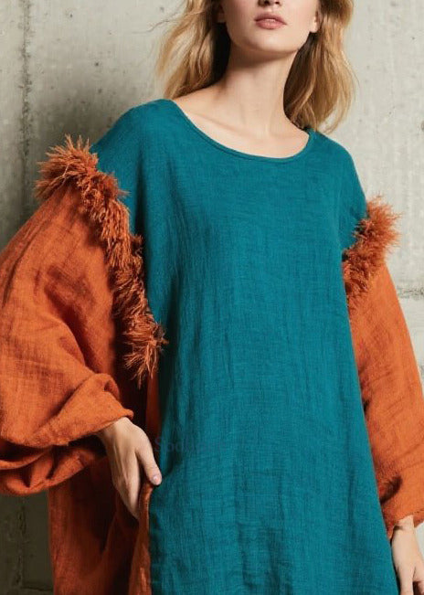 Bohemian Peacock Blue Oversized Patchwork Faux Fur Holiday Dresses Fall