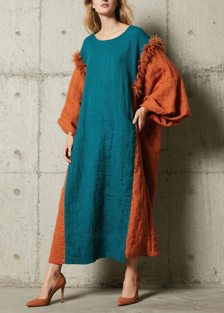 Bohemian Peacock Blue Oversized Patchwork Faux Fur Holiday Dresses Fall