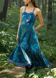 Bohemian Peacock Blue Print Exra Large Hem Cotton Cami Dresses Summer