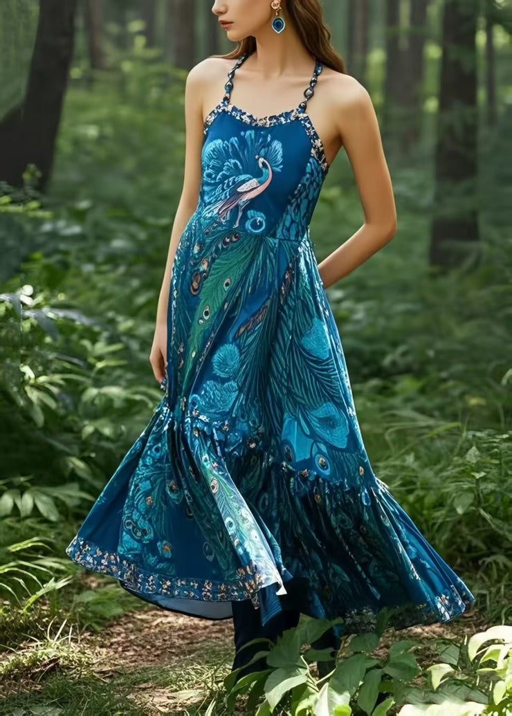 Bohemian Peacock Blue Print Exra Large Hem Cotton Cami Dresses Summer