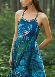 Bohemian Peacock Blue Print Exra Large Hem Cotton Cami Dresses Summer