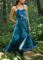 Bohemian Peacock Blue Print Exra Large Hem Cotton Cami Dresses Summer