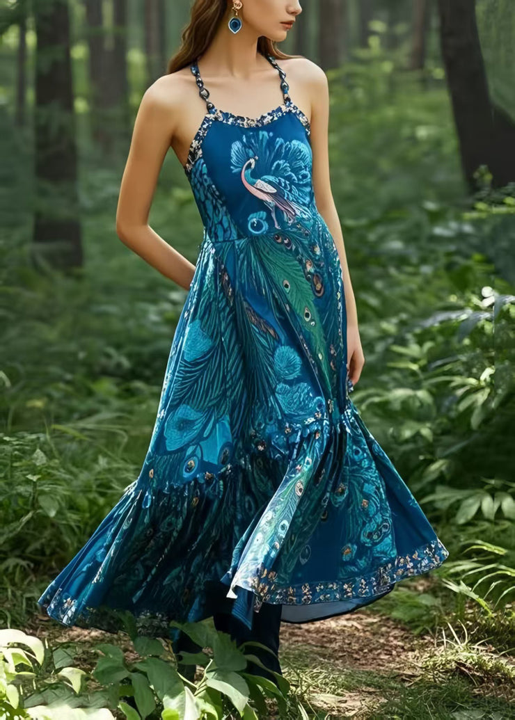 Bohemian Peacock Blue Print Exra Large Hem Cotton Cami Dresses Summer