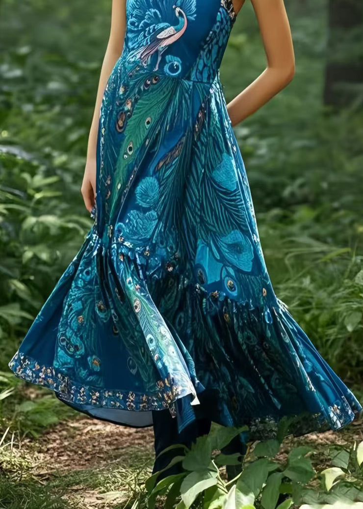 Bohemian Peacock Blue Print Exra Large Hem Cotton Cami Dresses Summer