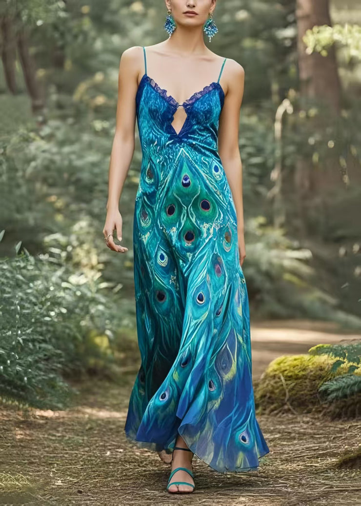 Bohemian Peacock Blue Print Silm Fit Chiffon Dance Dress Summer