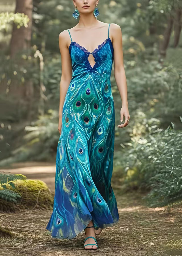Bohemian Peacock Blue Print Silm Fit Chiffon Dance Dress Summer