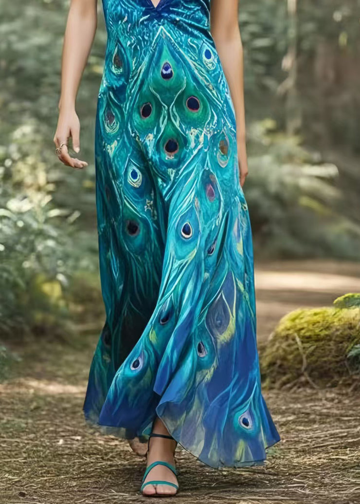 Bohemian Peacock Blue Print Silm Fit Chiffon Dance Dress Summer