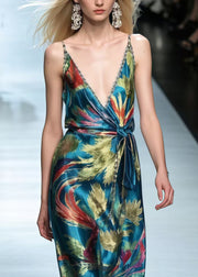 Bohemian Peacock Green Phoenix Print Silk Cami Dress Summer