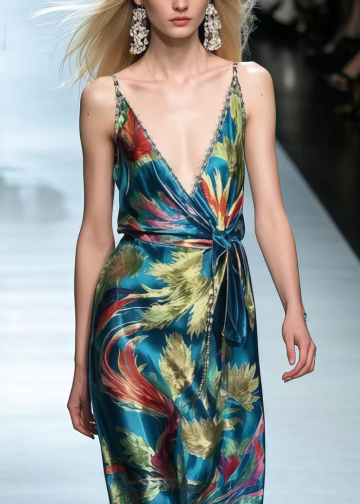 Bohemian Peacock Green Phoenix Print Silk Cami Dress Summer