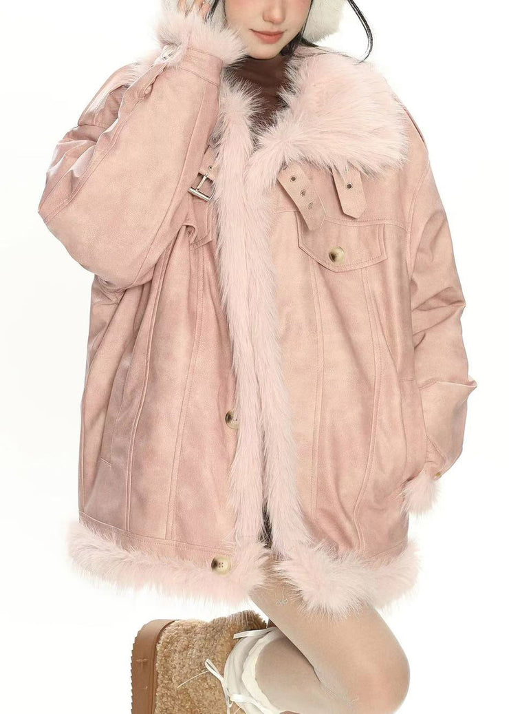 Bohemian Pink Oversized Patchwork Warm Faux Leather Coat Winter