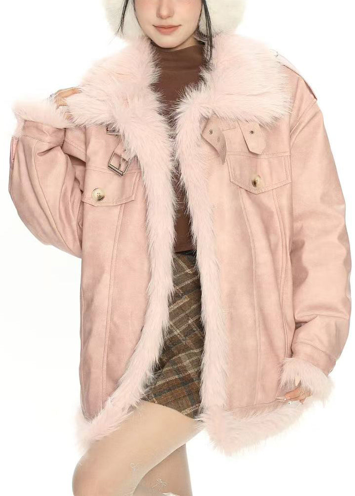 Bohemian Pink Oversized Patchwork Warm Faux Leather Coat Winter
