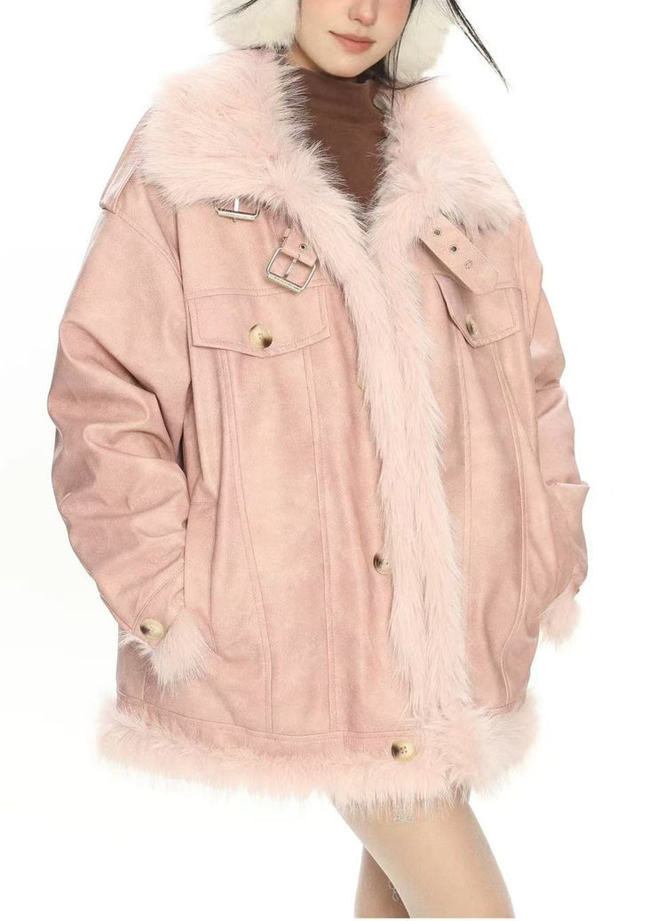 Bohemian Pink Oversized Patchwork Warm Faux Leather Coat Winter
