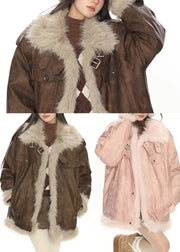 Bohemian Pink Oversized Patchwork Warm Faux Leather Coat Winter