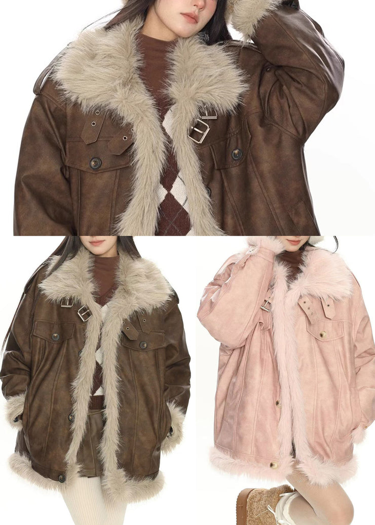 Bohemian Pink Oversized Patchwork Warm Faux Leather Coat Winter