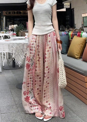 Bohemian Pink Oversized Print Cotton Wide Leg Pants Fall