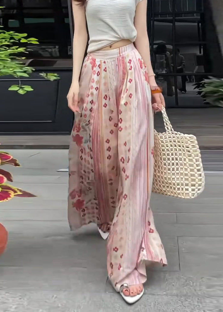 Bohemian Pink Oversized Print Cotton Wide Leg Pants Fall