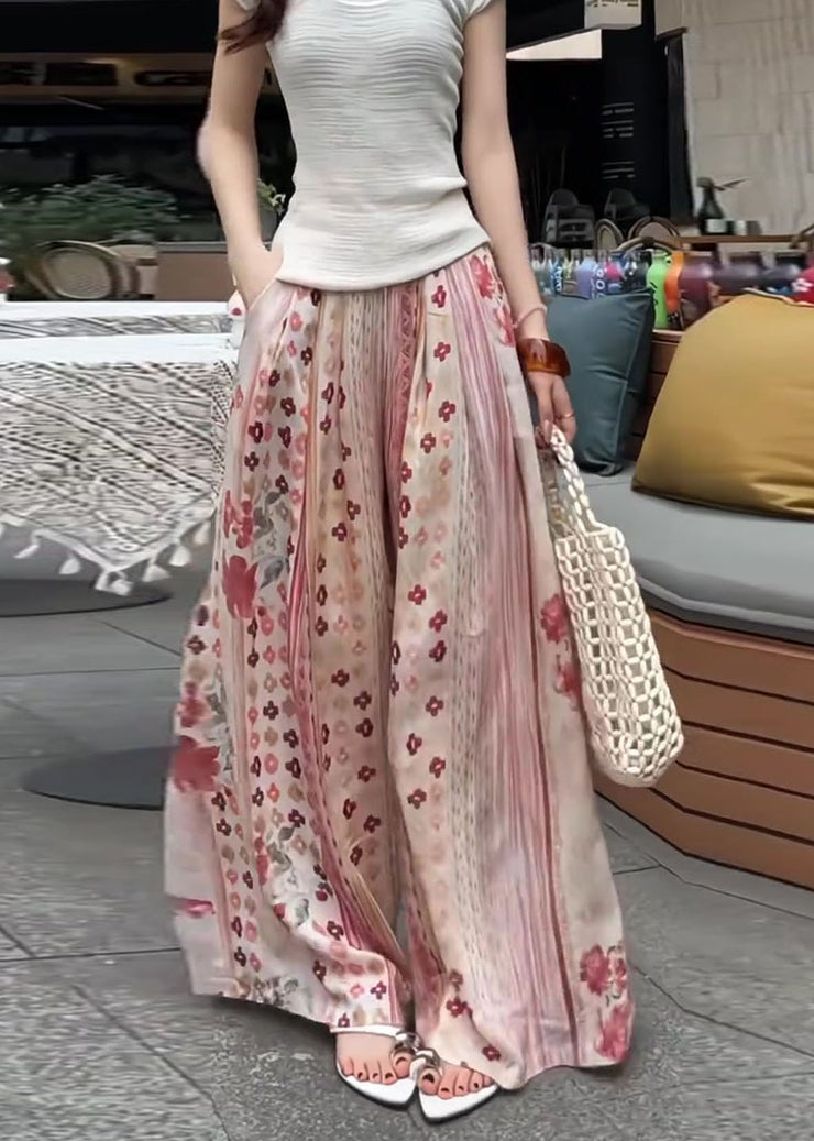 Bohemian Pink Oversized Print Cotton Wide Leg Pants Fall