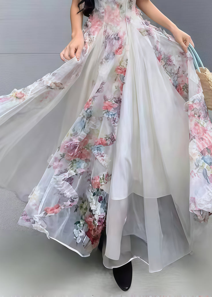 Bohemian Pink Print Exra Large Hem Tulle Vacation Dresses Summer